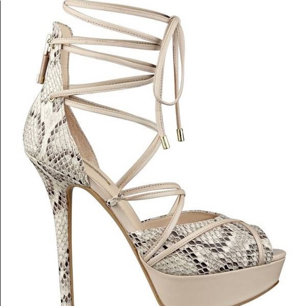 GUESS Nude Snakeskin Tie-up Platform Heels